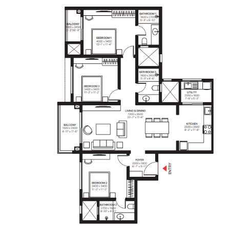 3 BHK Apartment Layout