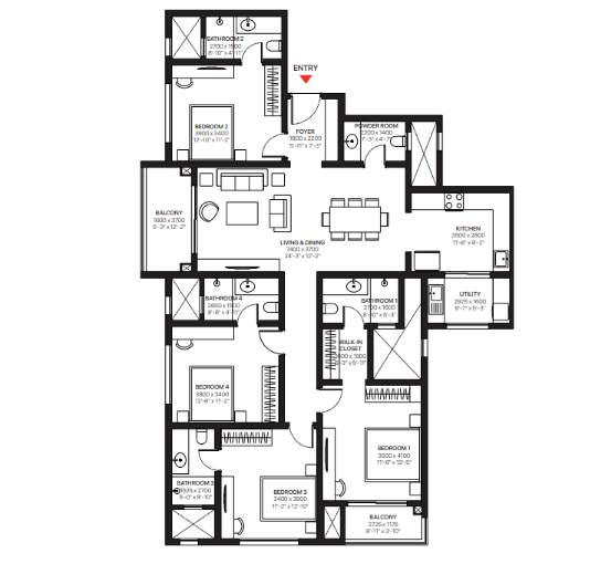 4 BHK Apartment Layout